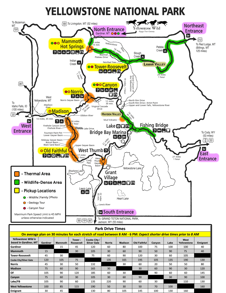 Yellowstone National Park map with entrances, roads, and points of interest labeled.