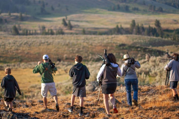 a group of people in a field with a mountain in the background