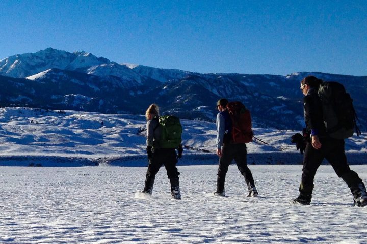 Group hiking in the snow