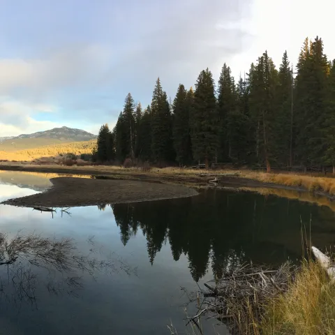 backpackers near a lake