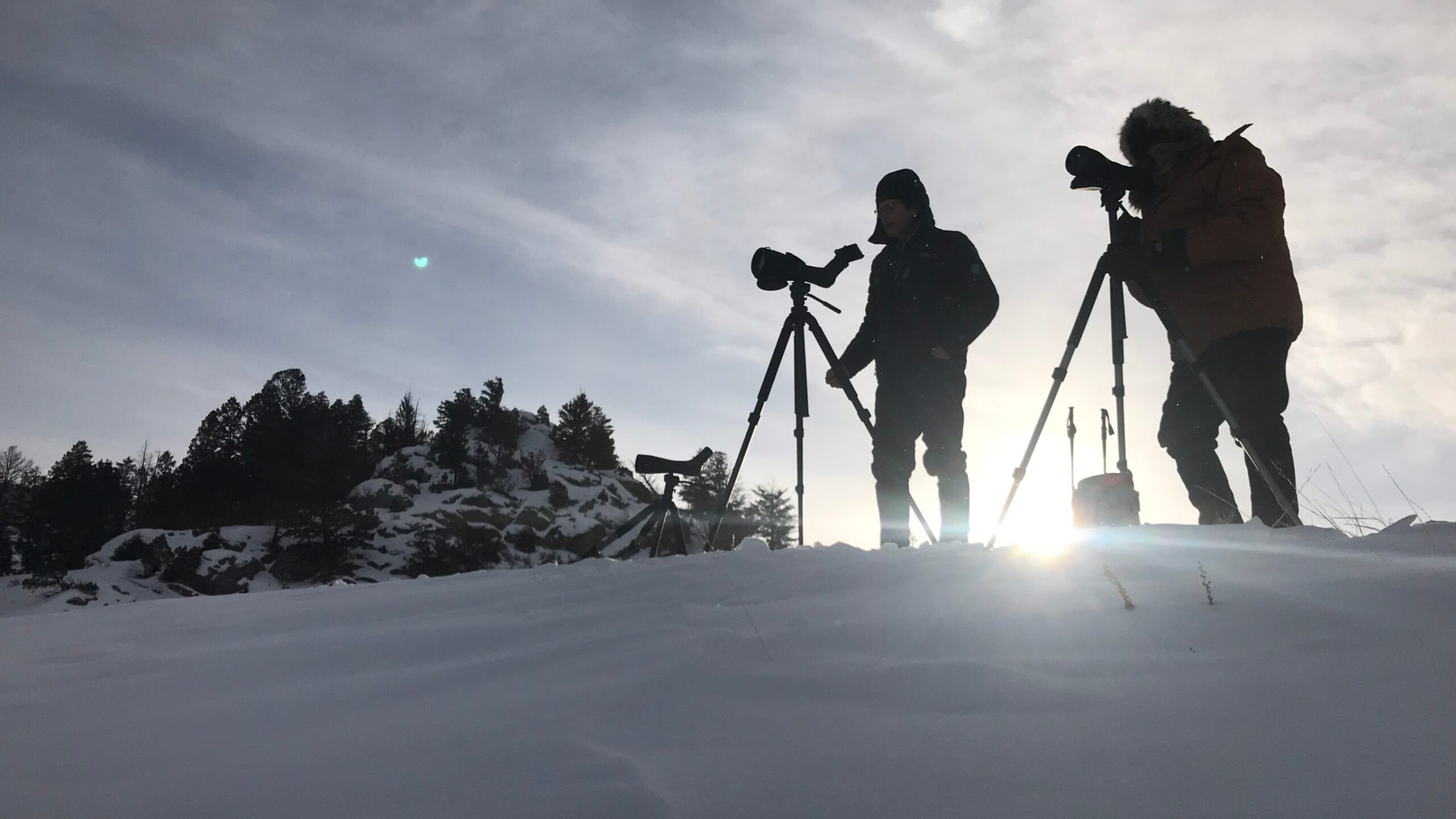 a group of people looking through spotting scopes on a snow covered slope