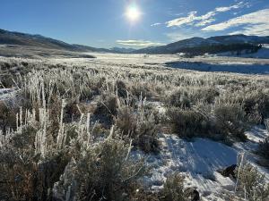 A winter sun rises over Yellowstone's Lamar Valley during Winter Wolf Week with Yellowstone Wild Tours.