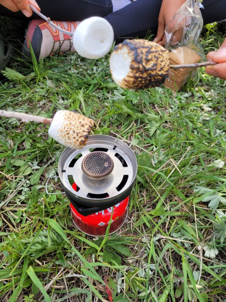 roasting marshmallows for s'mores on a Yellowstone backpacking trip