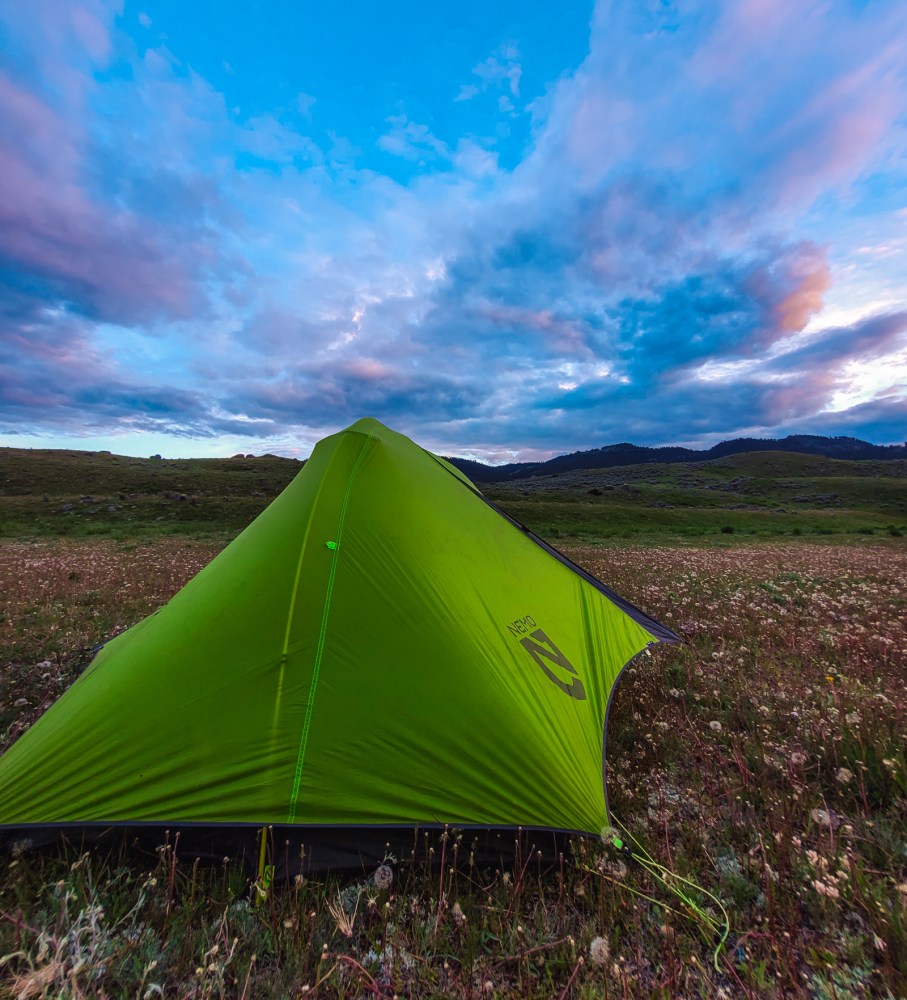 backpacking tent set up to enjoy the setting sun on a Yellowstone backpacking trip