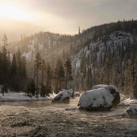 Bizarre and dramatic winter landscapes scenes found in the geyser basins along the Firehole River. Photo by Evan Watts