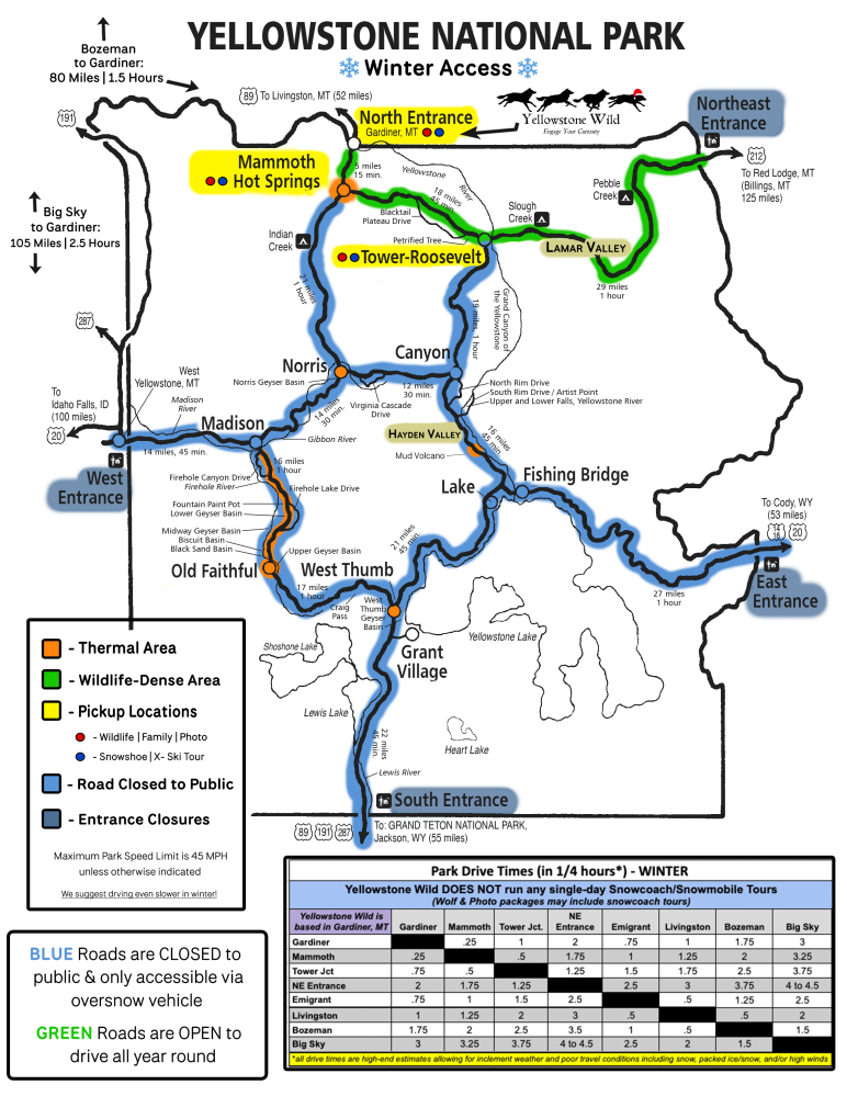 Map of Yellowstone National Park showing winter accessibility routes and key locations.
