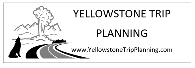 Logo with geyser, wolf, road, and text 'YELLOWSTONE TRIP PLANNING' with a website URL.