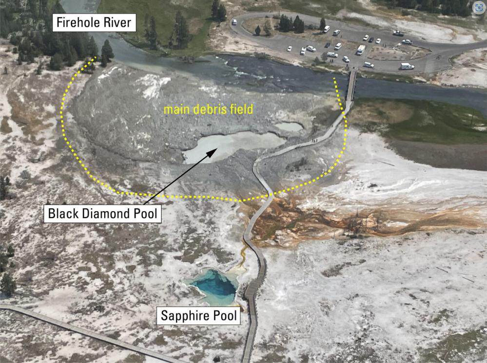 Aerial view of a debris field near Firehole River labeled with geographical features.