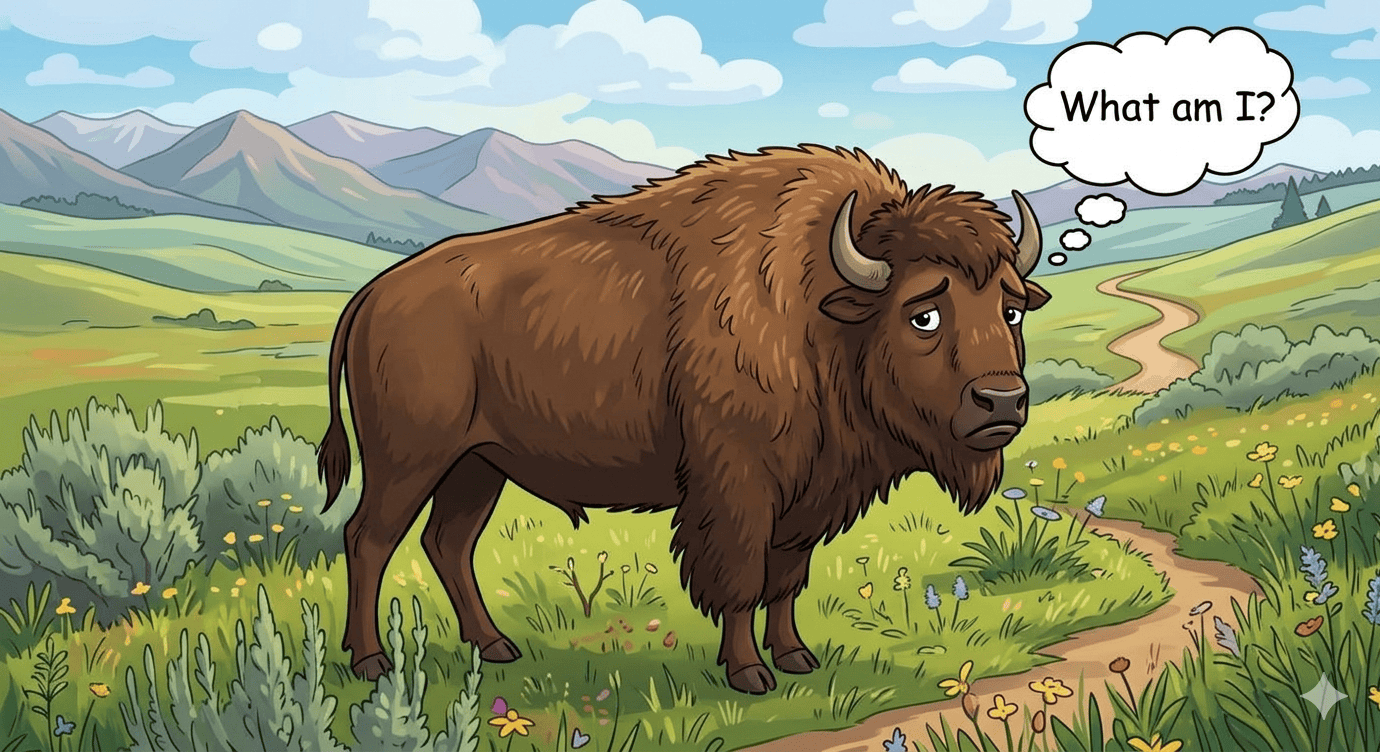 Cartoon bison in a field with a thought bubble asking 'What am I?'.
