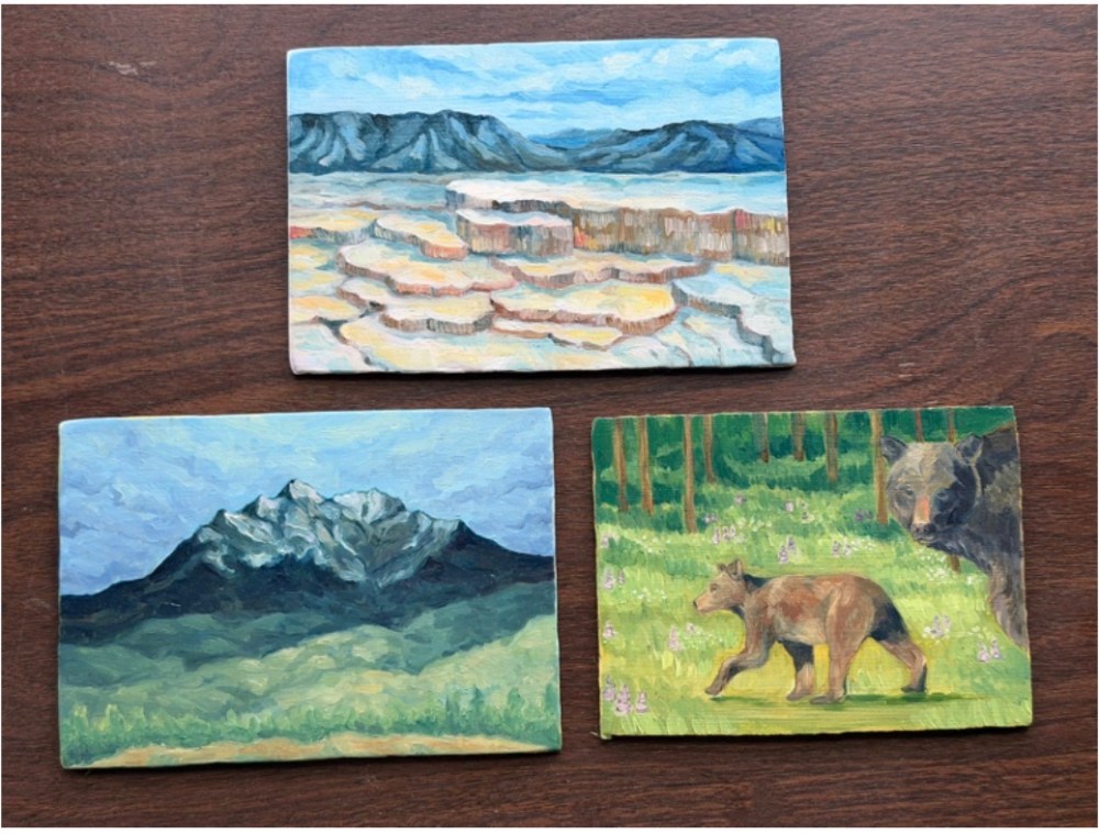 Three landscape paintings: mountains, terraces, and bears in a forest.