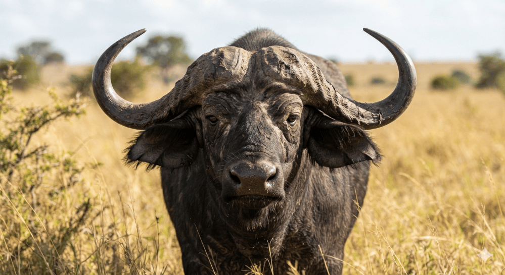 Buffalo with large curved horns stands in tall grass on a sunny day.