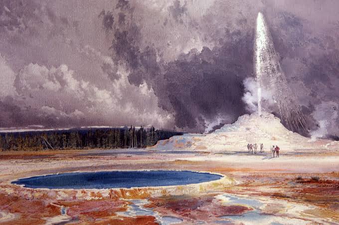 Geyser eruption with people watching, cloudy sky, and foreground hot spring.