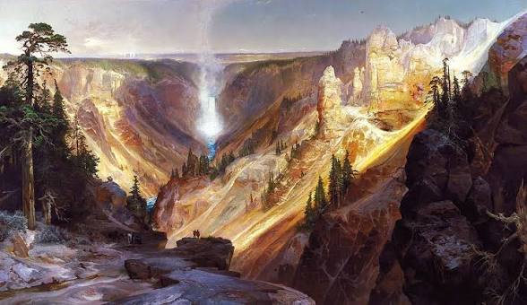 Painting of a canyon with waterfall, rocks, and trees in sunlight.
